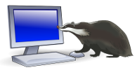 A cartoon badger looking at a computer screen, with his paw on a mouse
